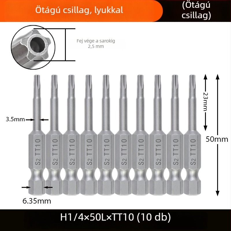 Magnetes csavarhúzó bit, S2 ötvözet acélból, Plum Blossom fej, 3-10 mm, TT8-TT40