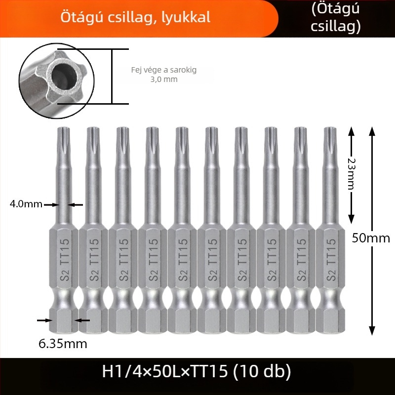 Magnetes csavarhúzó bit, S2 ötvözet acélból, Plum Blossom fej, 3-10 mm, TT8-TT40