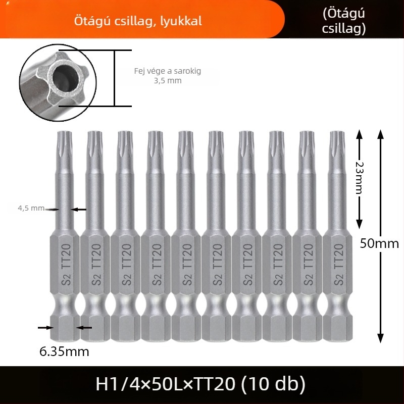 Magnetes csavarhúzó bit, S2 ötvözet acélból, Plum Blossom fej, 3-10 mm, TT8-TT40