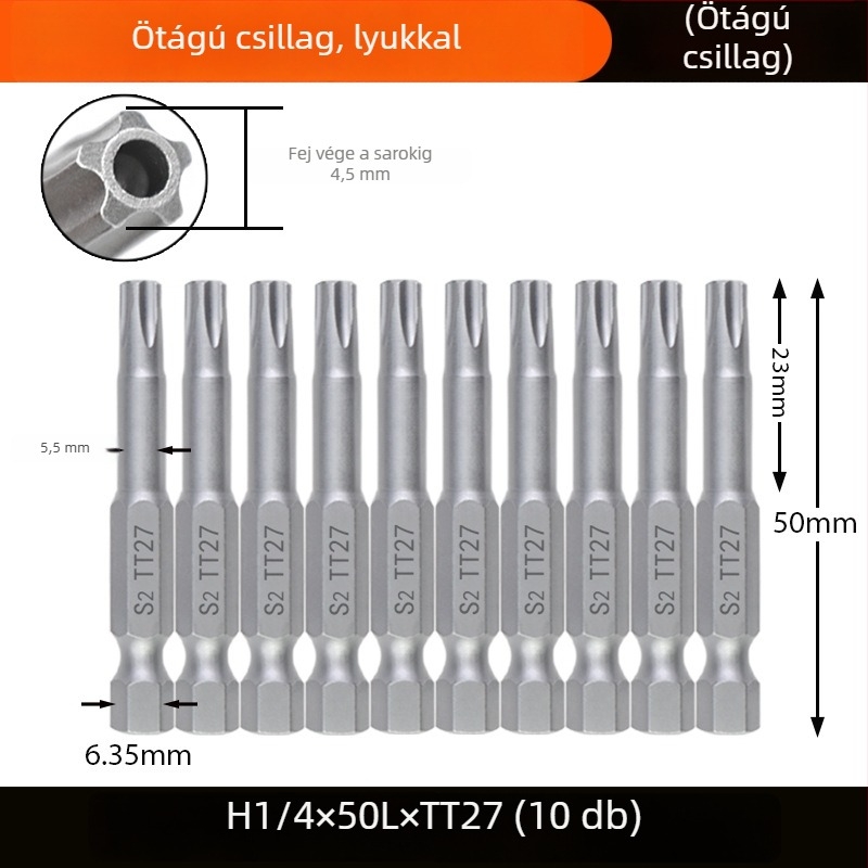 Magnetes csavarhúzó bit, S2 ötvözet acélból, Plum Blossom fej, 3-10 mm, TT8-TT40