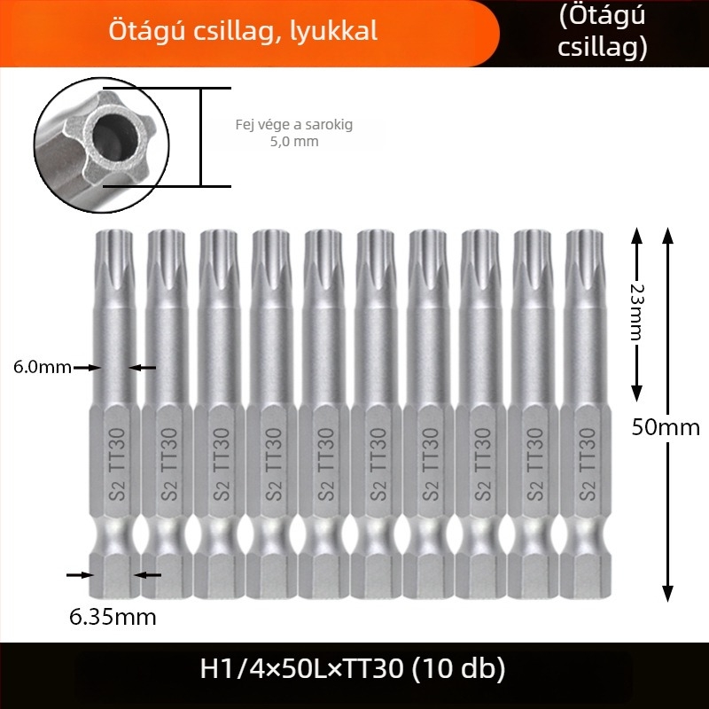 Magnetes csavarhúzó bit, S2 ötvözet acélból, Plum Blossom fej, 3-10 mm, TT8-TT40
