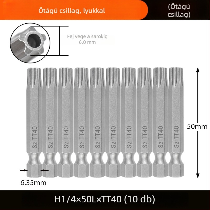 Magnetes csavarhúzó bit, S2 ötvözet acélból, Plum Blossom fej, 3-10 mm, TT8-TT40
