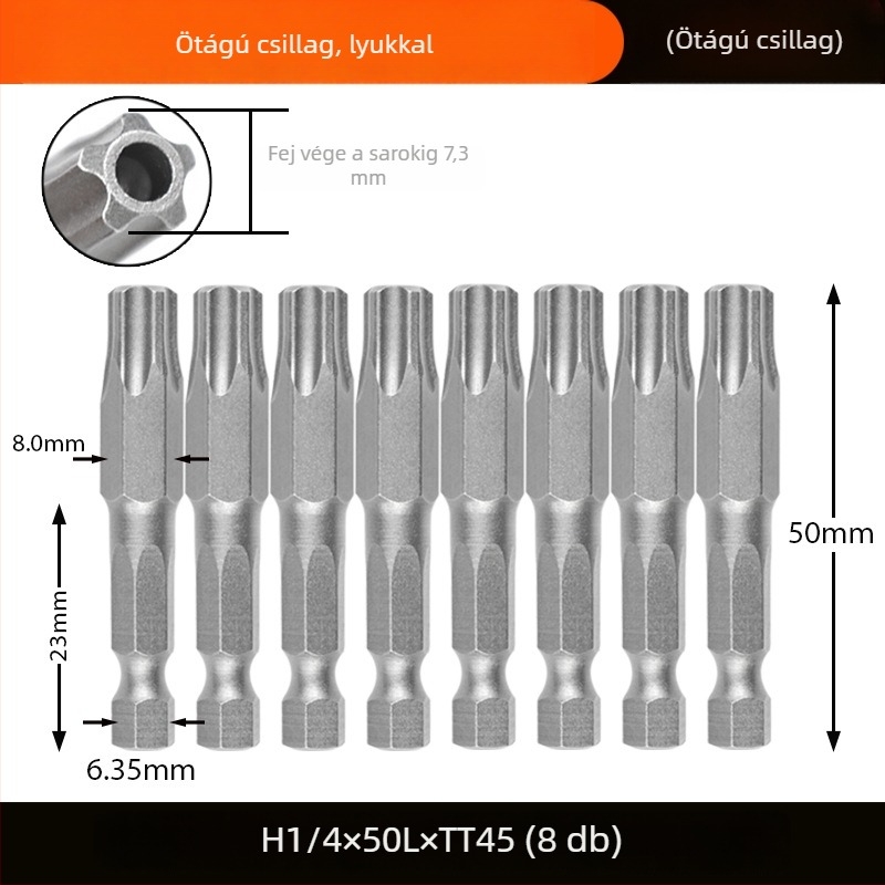 Magnetes csavarhúzó bit, S2 ötvözet acélból, Plum Blossom fej, 3-10 mm, TT8-TT40