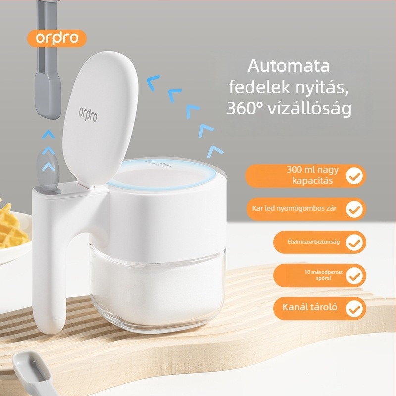 Üveg fűszertartó készlet pontos adagolással, nedvességálló zárással, automatikus nyitás-zárás, só és MSG