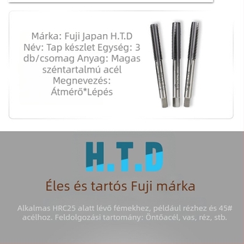 Fuji kézi menetfúró készlet, 3 darabos, HTD, metrikus, egyenes menetes