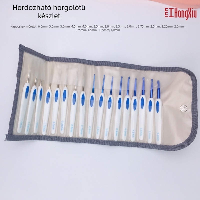 Horgolótű készlet puha markolattal és PU táskával (100 db • 350 g • Márka: Red embroidery • Licencelt magánmárka: Igen)