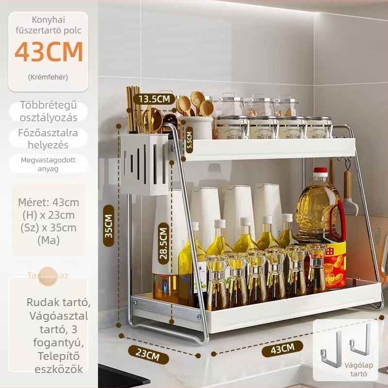 Rozsdamentes acél konyhai fűszeres polc, két szintű, a munkalapra, fúrás nélkül szerelhető