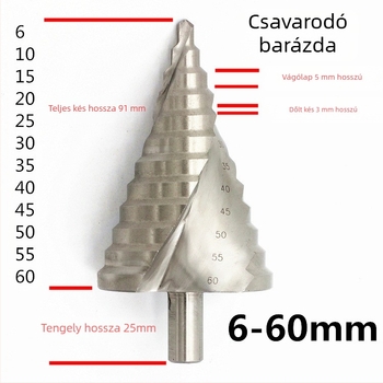 Pagoda léptető fúró 6–55 mm, rozsdamentes acélhoz és fához, konusos fúró kobalttartalmú ötvözetből