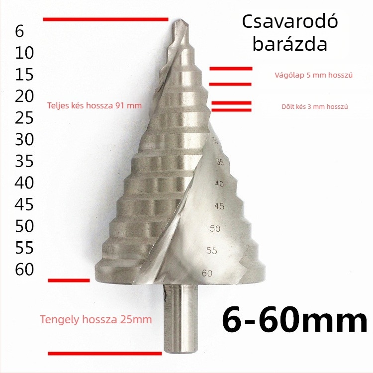 Pagoda léptető fúró 6–55 mm, rozsdamentes acélhoz és fához, konusos fúró kobalttartalmú ötvözetből