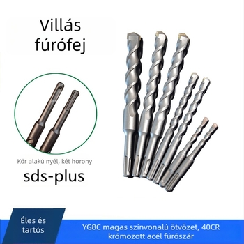 Elektrikus kalapácsfúró – Hibiscus Impact; kerek fej, falon áthaladó design, körkörös nyak két hornyával; anyaga 40Cr+YG8C; alkalmas betonra, téglára, kőre, gránitra; súly 50–1550 g