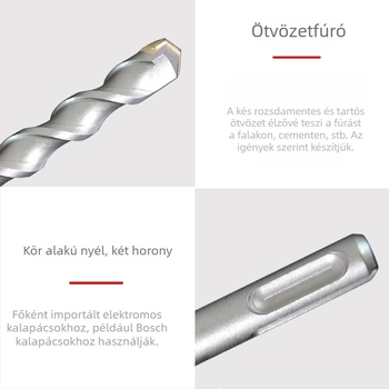 Elektrikus kalapácsfúró – Hibiscus Impact; kerek fej, falon áthaladó design, körkörös nyak két hornyával; anyaga 40Cr+YG8C; alkalmas betonra, téglára, kőre, gránitra; súly 50–1550 g