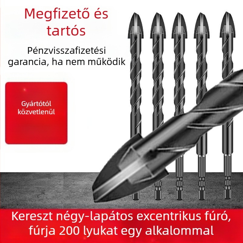 Kereszt alakú excentrikus fúró bit, volfrámötvözet, négyélű, háromszög alakú csúccsal, üveghez, kerámia burkolólapokhoz, falakhoz és edzett csempékhez