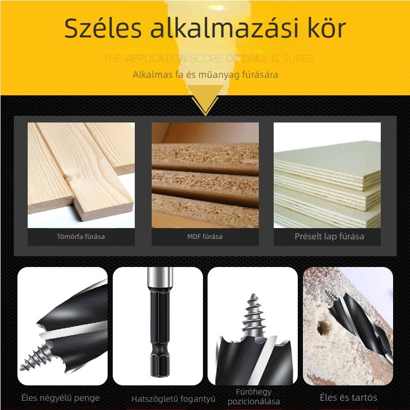 Fából készült furókészlet ajtózárak lyukainak fúrásához — torzított fúrók, tágítófúró és hosszú hatszögletű nyelet