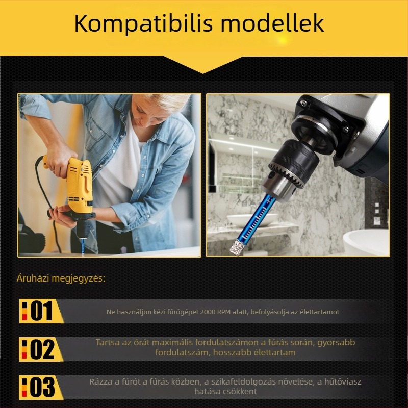 Száraz fúrófej kerámia burkolatokhoz – gránit, márvány, üveg és kerámia; Ø 6–16 mm