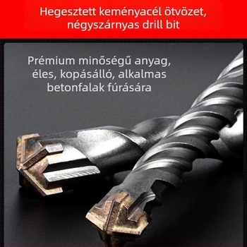 Kalapácsfúró bite szögletes nyakkal, keresztezett kivitel, négy furat, betonhoz, fej krom-ötvözet