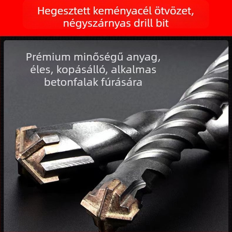Kalapácsfúró bite szögletes nyakkal, keresztezett kivitel, négy furat, betonhoz, fej krom-ötvözet