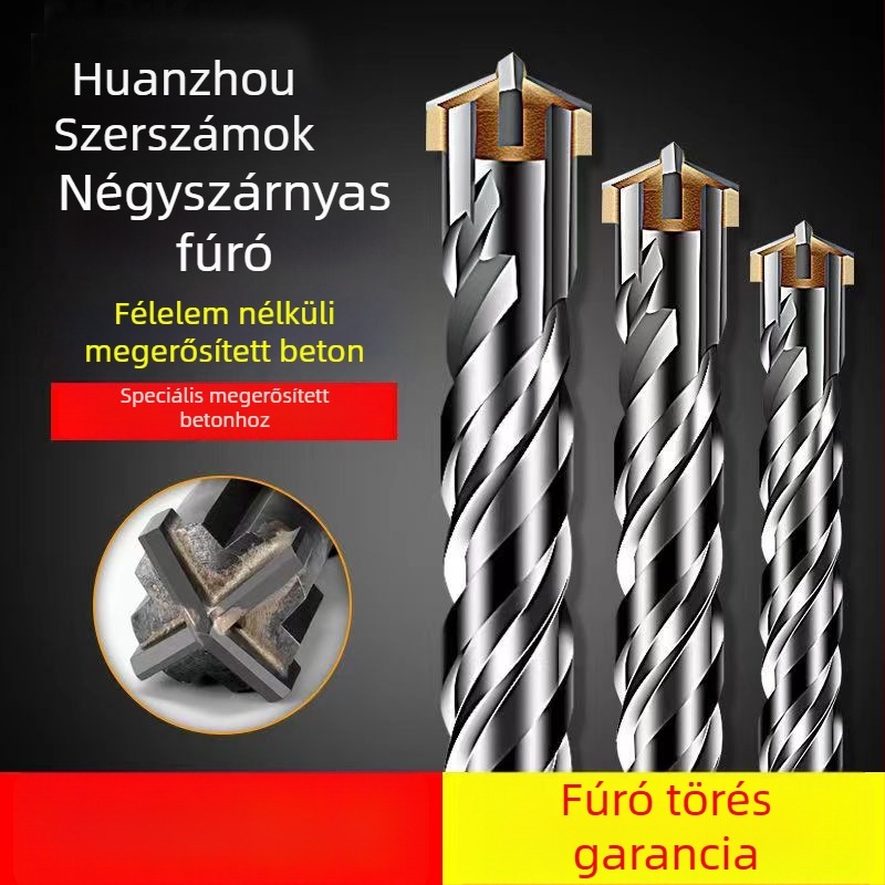 Kalapácsfúró bite szögletes nyakkal, keresztezett kivitel, négy furat, betonhoz, fej krom-ötvözet