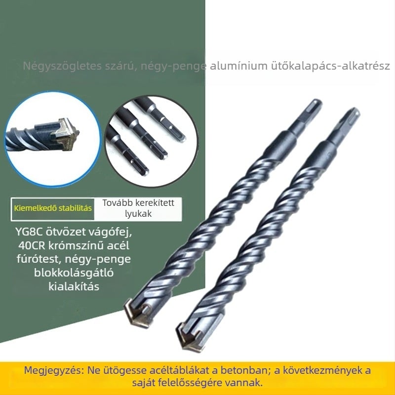 Elektromos ütvefúró bit, négyzetes fej, négypálcás ötvözet, négyzetes nyak, betonhoz, téglákhoz, kőhöz és gránithez