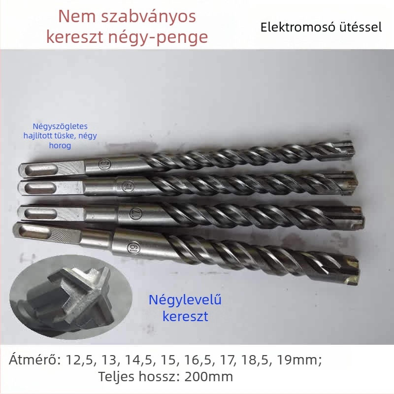 Elektromos ütvefúró bit, négyzetes fej, négypálcás ötvözet, négyzetes nyak, betonhoz, téglákhoz, kőhöz és gránithez