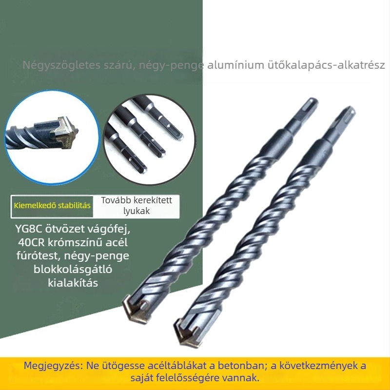 Elektromos ütvefúró bit, négyzetes fej, négypálcás ötvözet, négyzetes nyak, betonhoz, téglákhoz, kőhöz és gránithez