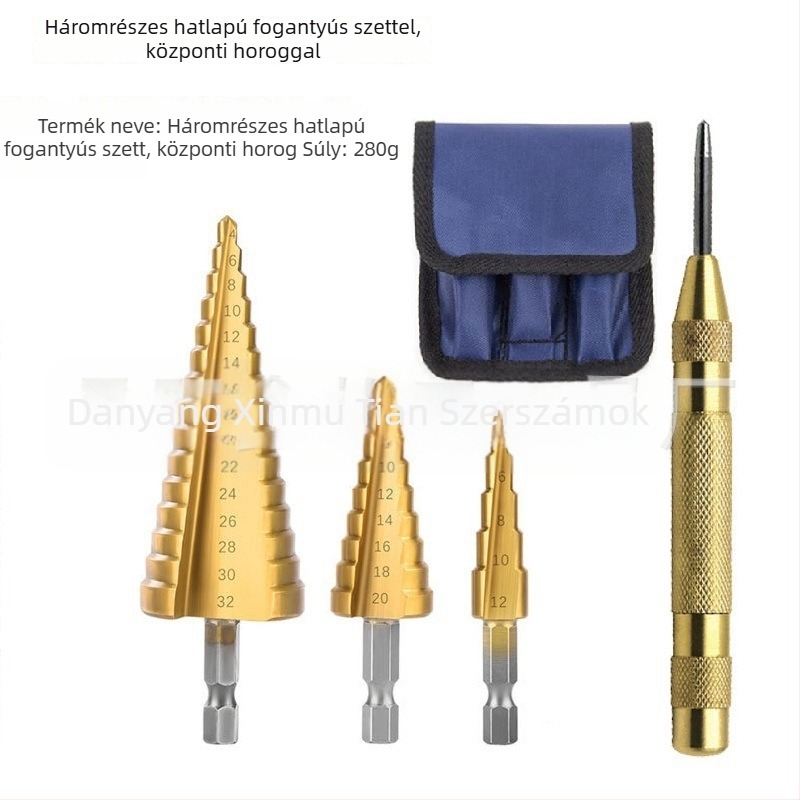 Chengyi Tools Pagoda Fúrókészlet – HSS, egyenes horony, hatszögletű tengely, titán bevonatú léptető fúró, lyuknyitó, táskás készlet