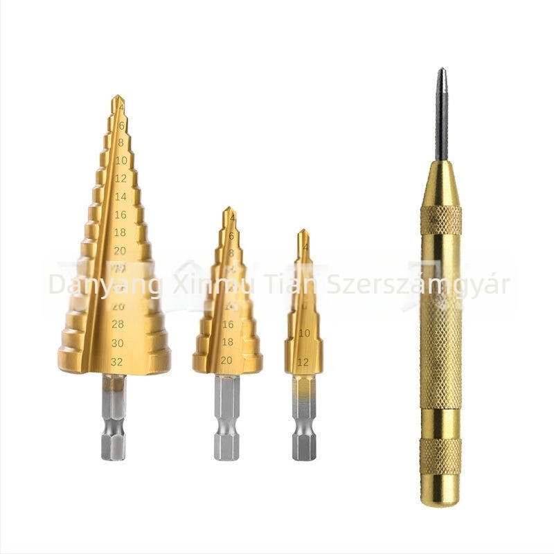 Chengyi Tools Pagoda Fúrókészlet – HSS, egyenes horony, hatszögletű tengely, titán bevonatú léptető fúró, lyuknyitó, táskás készlet