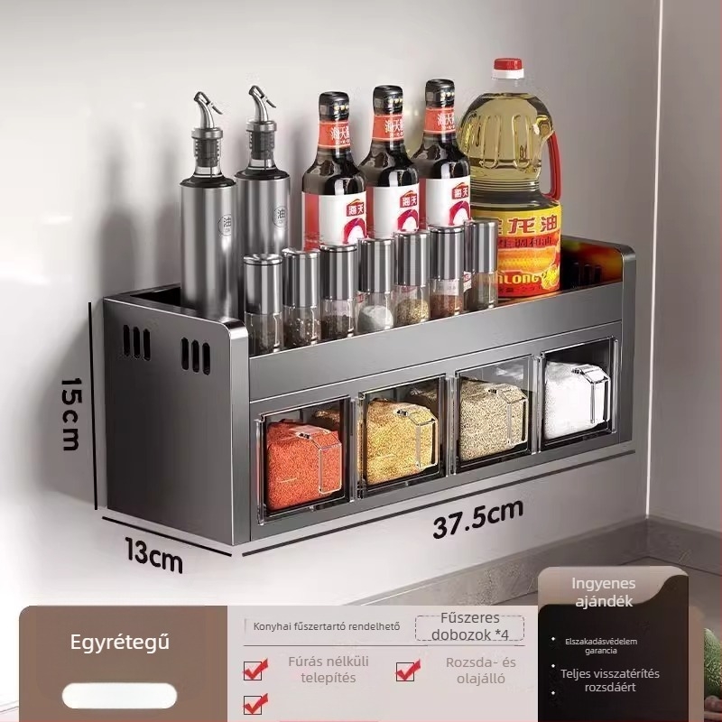 Qianhua Falra szerelhető fűszertartó, szénacél, fúrás nélküli telepítés, multifunkcionális konyhai fűszer rendező