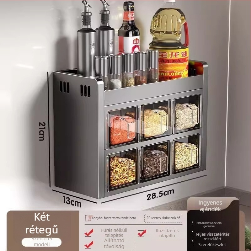 Qianhua Falra szerelhető fűszertartó, szénacél, fúrás nélküli telepítés, multifunkcionális konyhai fűszer rendező
