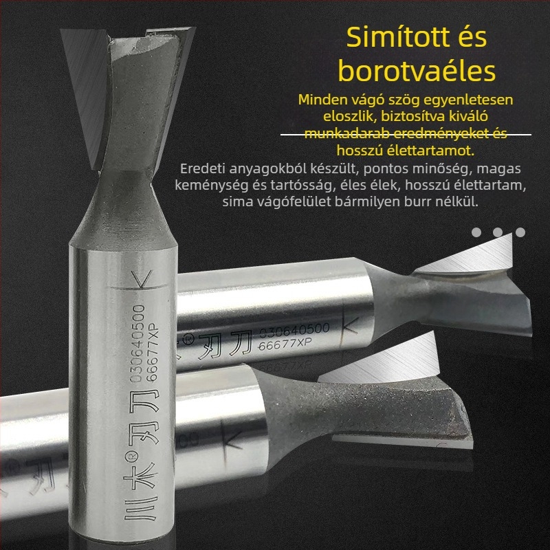 Karbid oldalsó maró faanyaghoz, dovetail típus, Ø1/4" átmérő, 2 furat, szár Ø3/8", maximális vágási mélység 30 mm