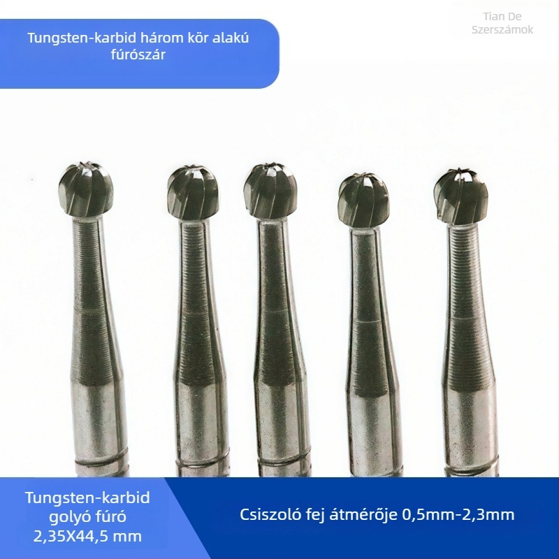 Faragó és polírozó maró, 2,35 mm tengelyátmérővel és 0,5–2,3 mm golyófejű fejjel, fa, kő és gyökér gravírozásához.