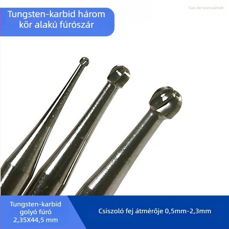 Faragó és polírozó maró, 2,35 mm tengelyátmérővel és 0,5–2,3 mm golyófejű fejjel, fa, kő és gyökér gravírozásához.