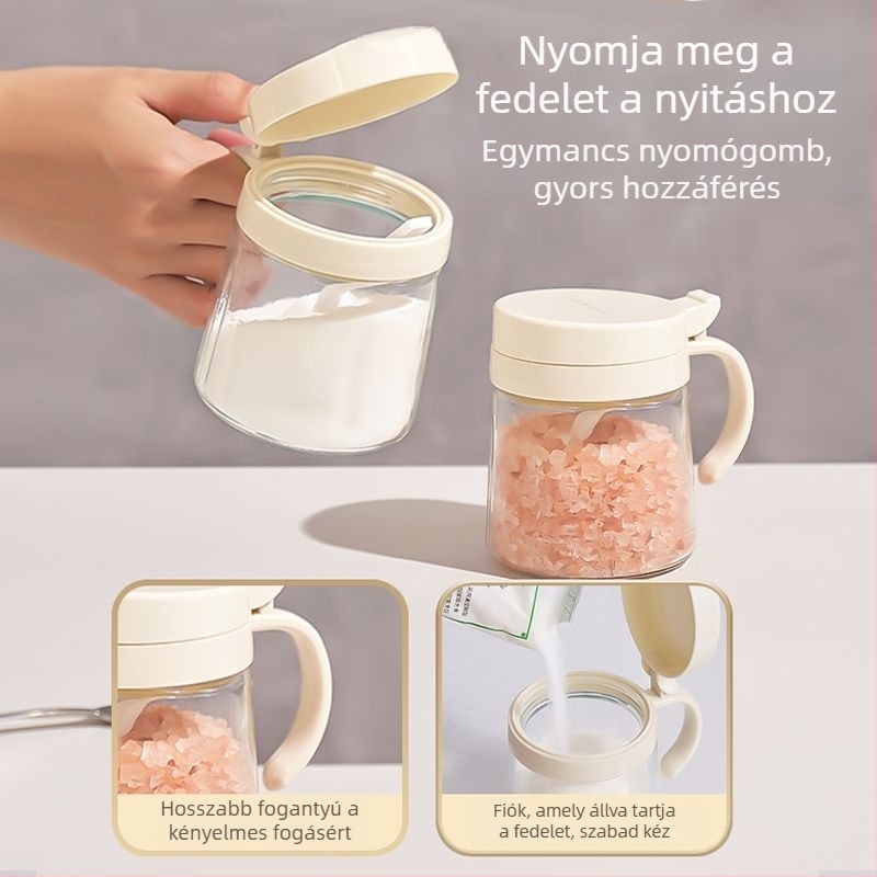 Üvegből készült olajtartó és sótartó, flip-top fedél, hőálló konyhai fűszer-tároló készlet kanállal