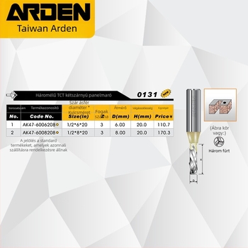 Arden végfúró - hárompengés spirális fúró, TCT, CNC gravírozáshoz, fa/PVC/MDF
