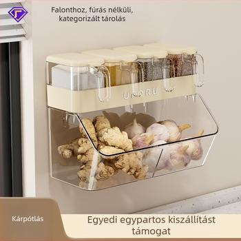Fali szerelhető fűszeres doboz – műanyag, fúrás nélküli, konyhai tárolás gyömbér és fokhagyma számára (Élelmiszer-minőség)
