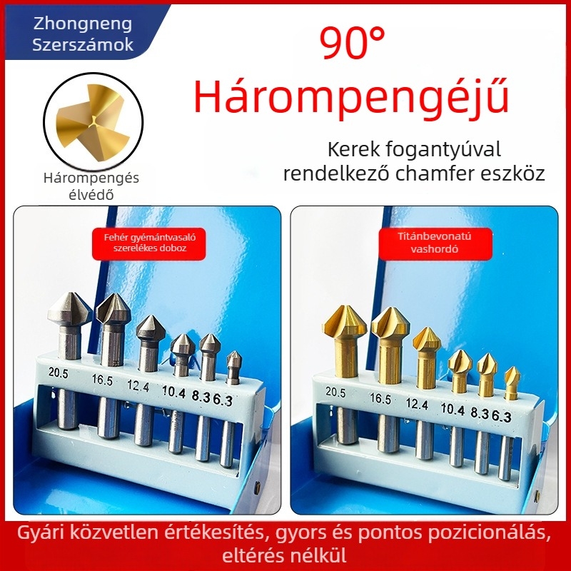 Titánnal bevont fém deburring/fasze készlet, 6 darab, 90° bevágás, HSS anyag, 3 élű, milling géphez