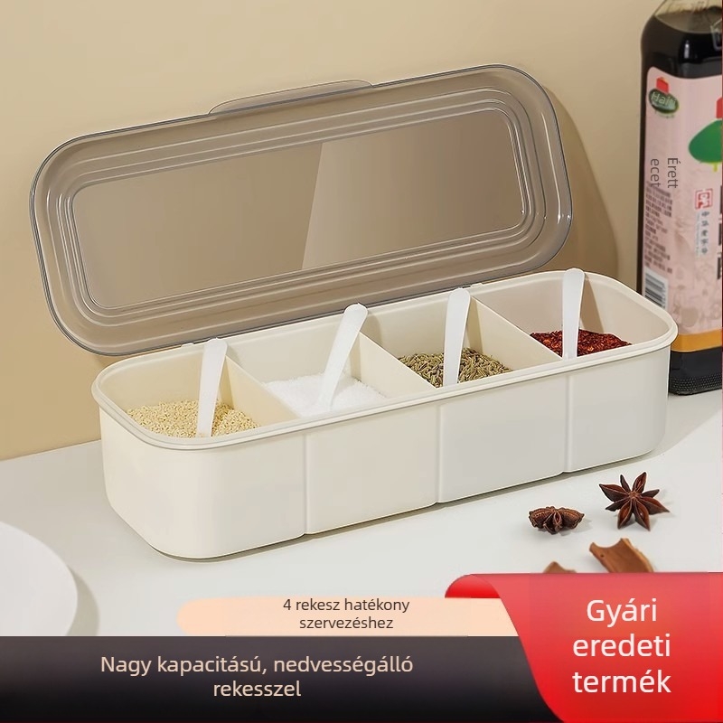 Minden-egyben fűszeres doboz többszintes rekeszekkel, só és MSG tároló, műanyag konyhai szervező, nedvességálló