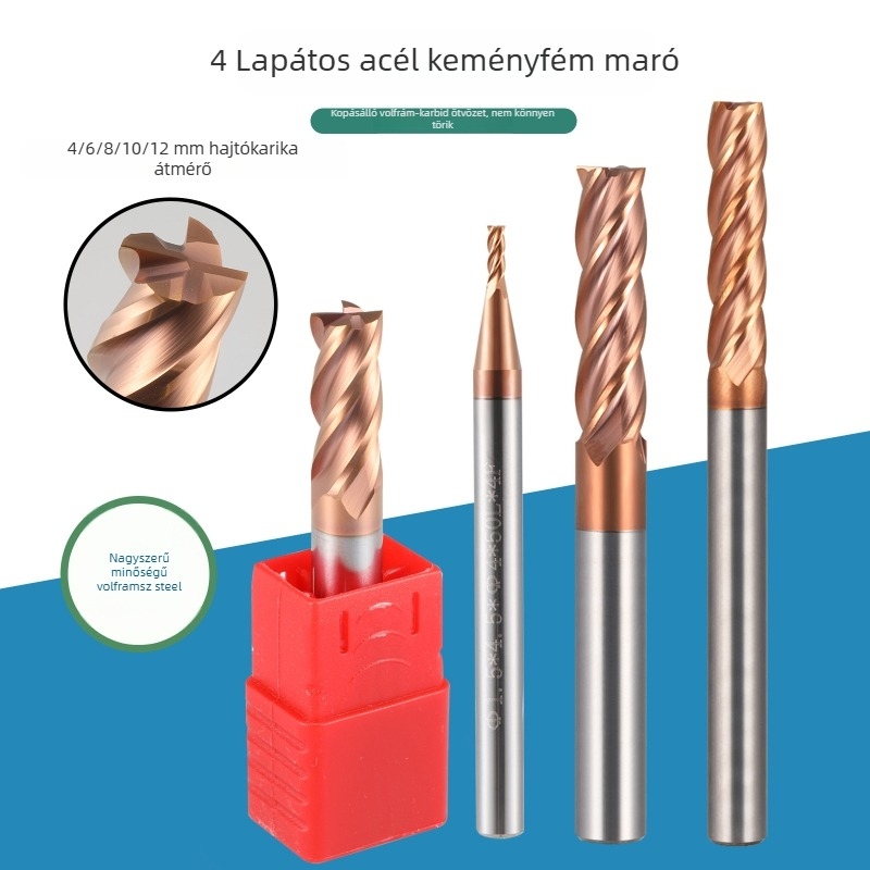 Végmaró, 4‑élű wolframszilárd acélból készült, CNC-kompatibilis, 4 hurok