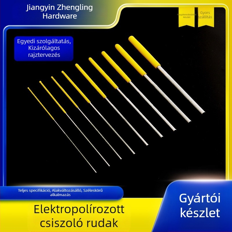 Gyémánt cilindrikus elektroplasztált csiszoló rúd a formák belső furatainak polírozásához; Márka Delling; Modelljei: 1×160, 1.2×160, 1.5×160, 1.7×160; Anyag: arany acél csiszoló; Testreszabás: Elérhető