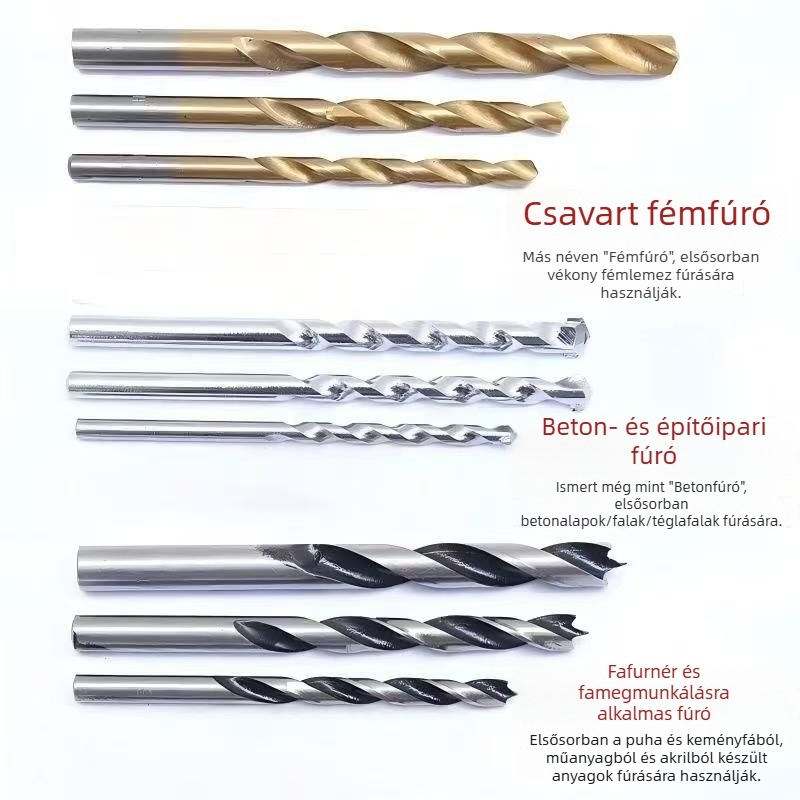 9 darabos spirálfúró készlet egyenes befogóval vas, cement és fa fúráshoz – kevert készlet asztalosmunkához