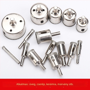 10 darabos gyémánt üvegfúró készlet — többfunkciós, kerámiával elektroplatált ötvözetes bitek; Gyártási folyamat: elektroplatálás; Alkalmazási terület: üveg mélyfeldolgozás