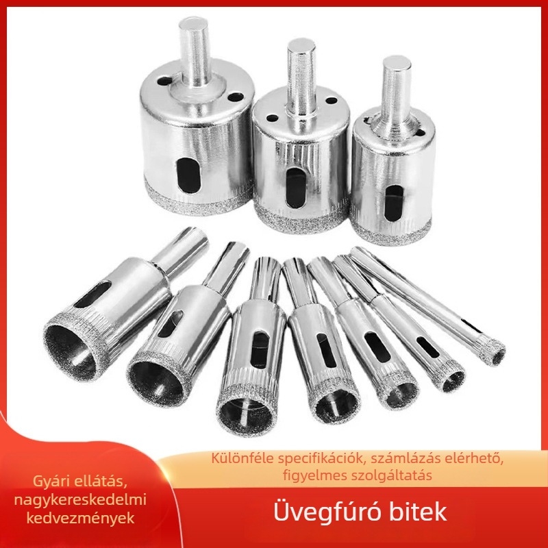 10 darabos gyémánt üvegfúró készlet — többfunkciós, kerámiával elektroplatált ötvözetes bitek; Gyártási folyamat: elektroplatálás; Alkalmazási terület: üveg mélyfeldolgozás