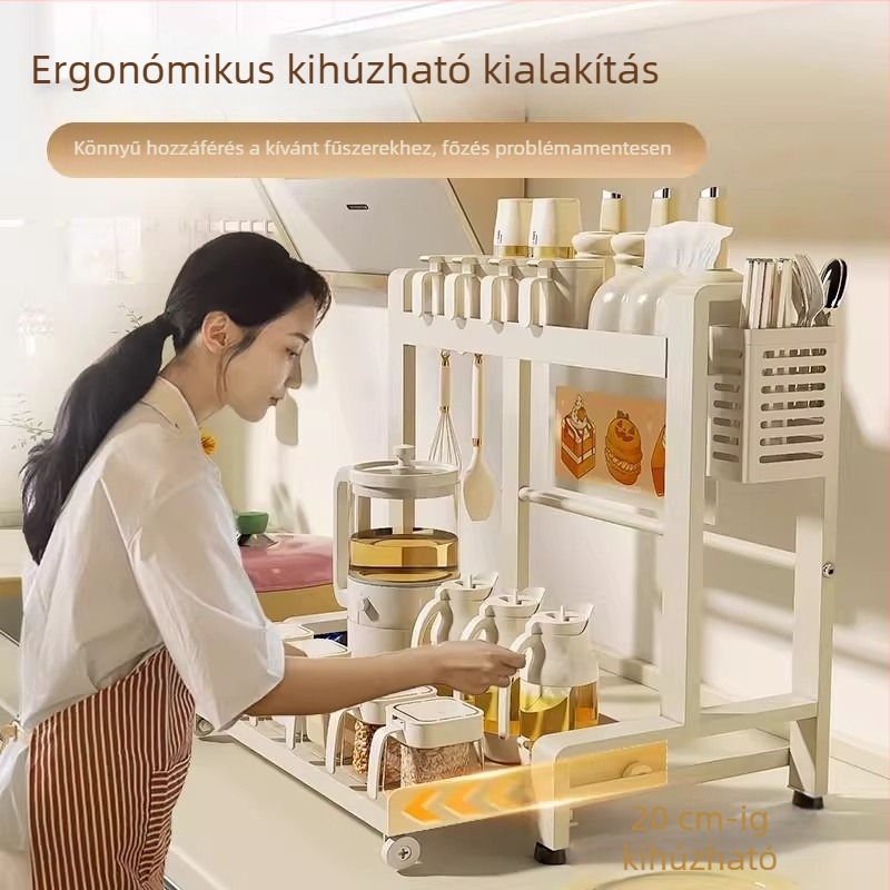 Kihúzható kétszintes konyhai fűszeres polc, szénacélból, fúrás nélküli szerelés