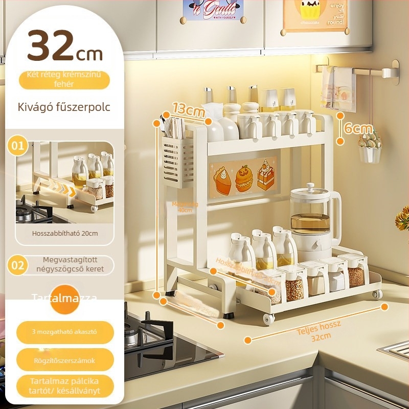 Kihúzható kétszintes konyhai fűszeres polc, szénacélból, fúrás nélküli szerelés