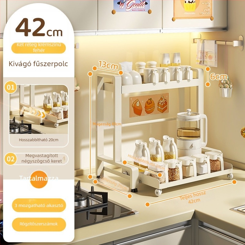 Kihúzható kétszintes konyhai fűszeres polc, szénacélból, fúrás nélküli szerelés