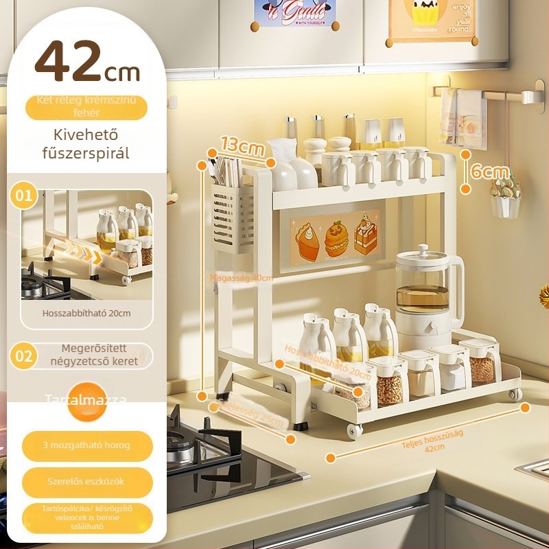 Kihúzható kétszintes konyhai fűszeres polc, szénacélból, fúrás nélküli szerelés