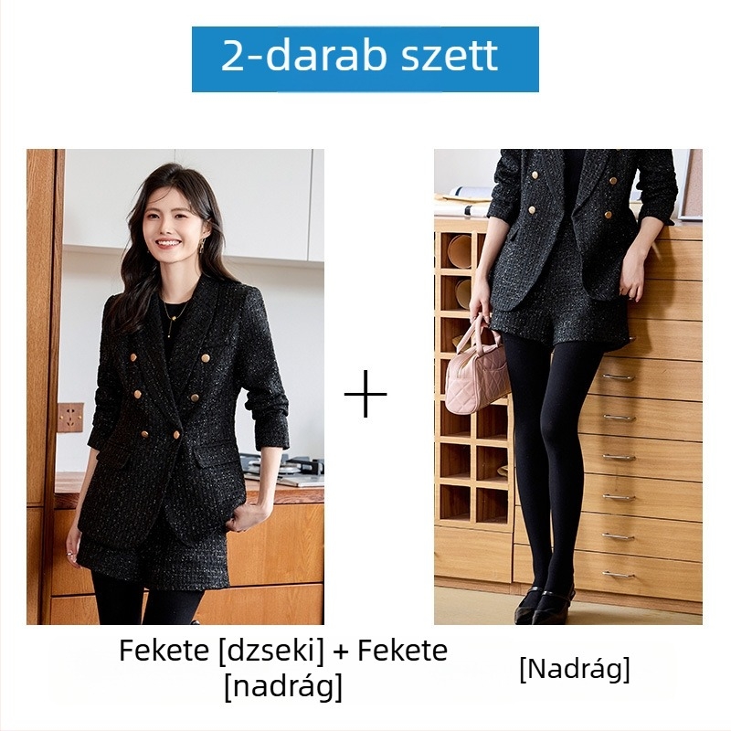 Női Chanel-stílusú blézeres kosztüm, karcsú szabás, dupla gombsor, zakó gallér, hosszú ujjú, poliészter-elasztán keverék