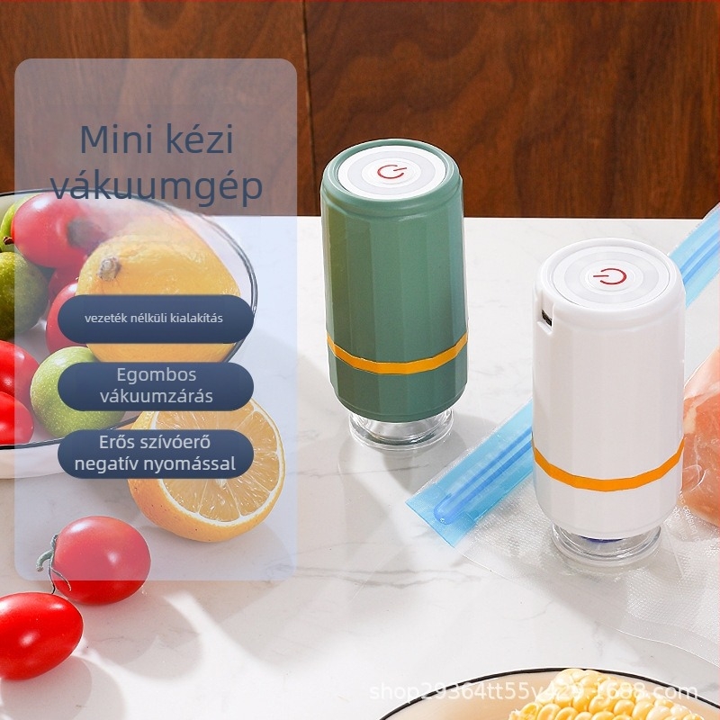 Kézi mini vákuumlezáró készülék, újratölthető, ABS tokozás, kapacitás 500 ml alatt, tömeg 200 g, érintéses működtetés