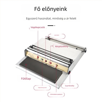 Műanyag fólia lezáró és vágó gép gyümölcsökhöz és zöldségekhez, kézi működés, zárási szélesség 45 cm, hőmérséklet-szabályozás 50–130°C, alkalmas gyümölcsökre, zöldségekre és húsra