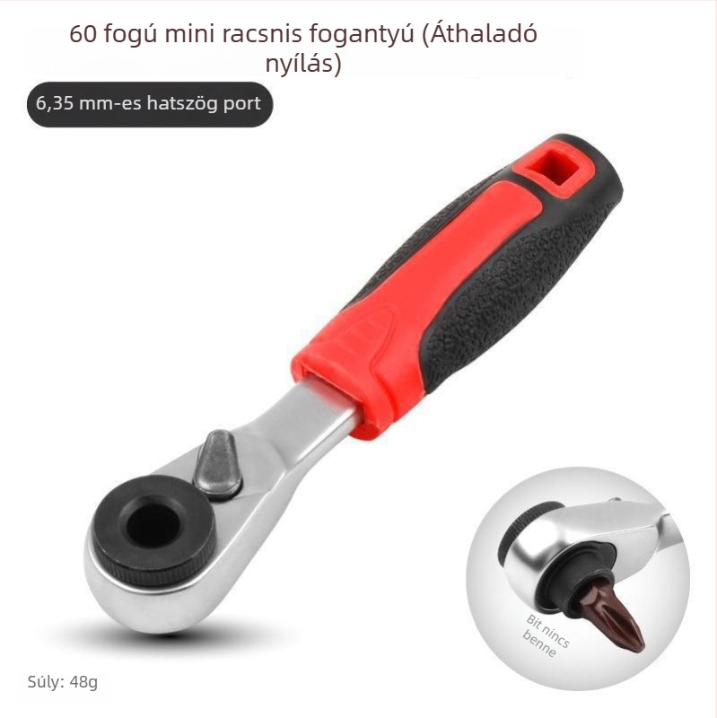 Shimon Mini ratchet socket kulcs mágneses bit-tartóval — Cr-V acél, 1 darab, 60 g, Mini Ratchet sorozat