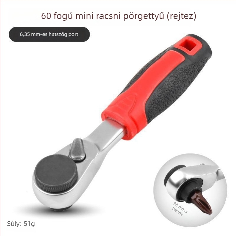 Shimon Mini ratchet socket kulcs mágneses bit-tartóval — Cr-V acél, 1 darab, 60 g, Mini Ratchet sorozat